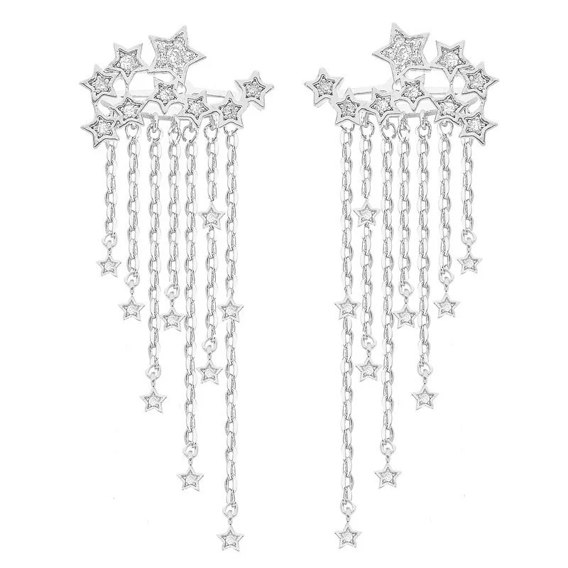 Long Earrings Pendant 1 Pair Women Tassel Gold/ Silver Color Stylish Girl Women Star Streamlined Fashion Crystal