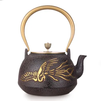 

Japanese health cast iron Kongfu teapot old iron tea pot Phoenix painted gold copper cover water kettle drinkware 1.3L