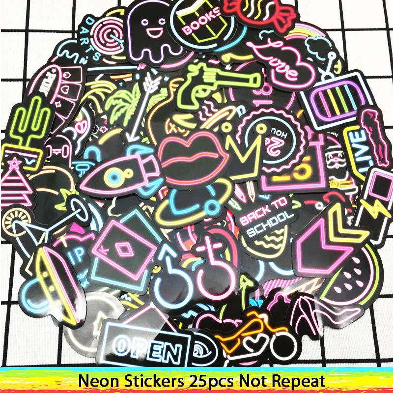 

50 PCS Neon Light Sticker Anime Colorful Cute Decals Stickers Laptop Suitcase Guitar Fridge Bicycle Car Decor