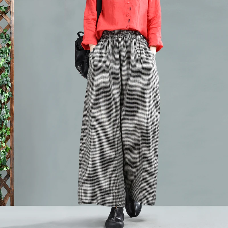 

Women Plaid Big Size Cotton Linen Women Pants 2019 New Summer Spring Original Wide-legged Pants Loose Elastic Waist Pants