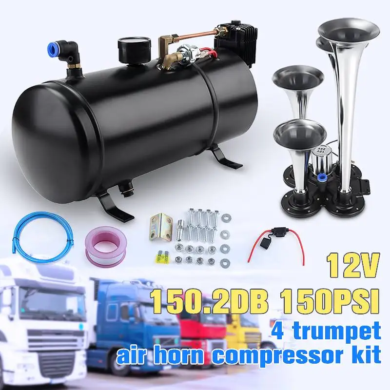 

150.2 DB Air Horn 12V 3 Liter 150 PSI Air Compressor and 4 Trumpet Chrome for Train Truck High Pressure Air