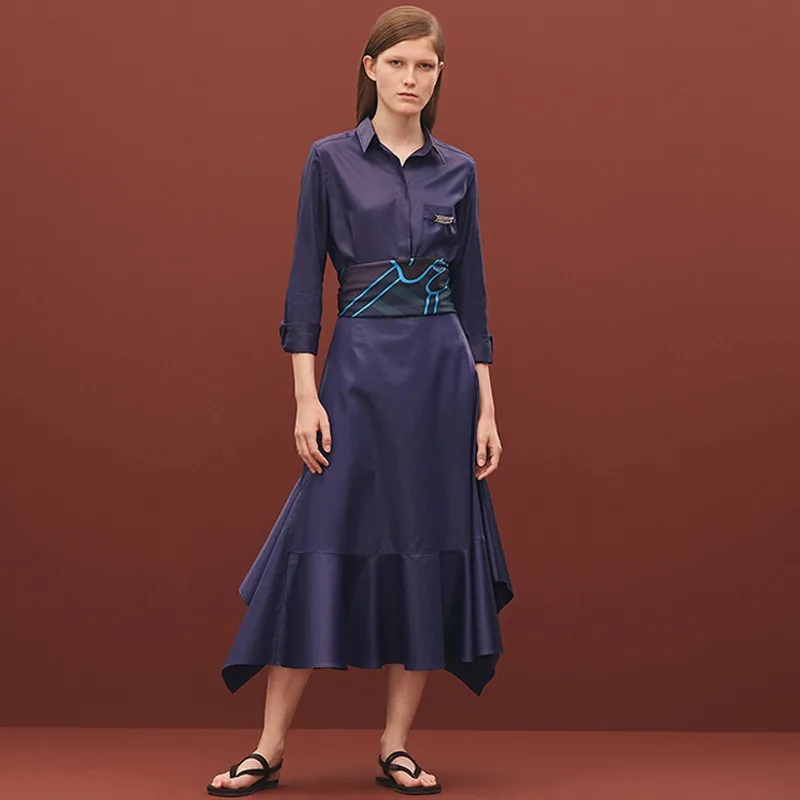 

2019 Summer New Women Office Blue Shirt Long Dress Designer Lace Up High Waist Long Sleeve Ladies Party Midi Dresses Clothes