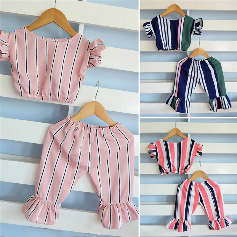 

2Pcs Girls Clothes Striped Toddler Kids Girls Tops T-shirt+Flare Long Pants Toddler Girl Clothes Outfits Summer Girlymax