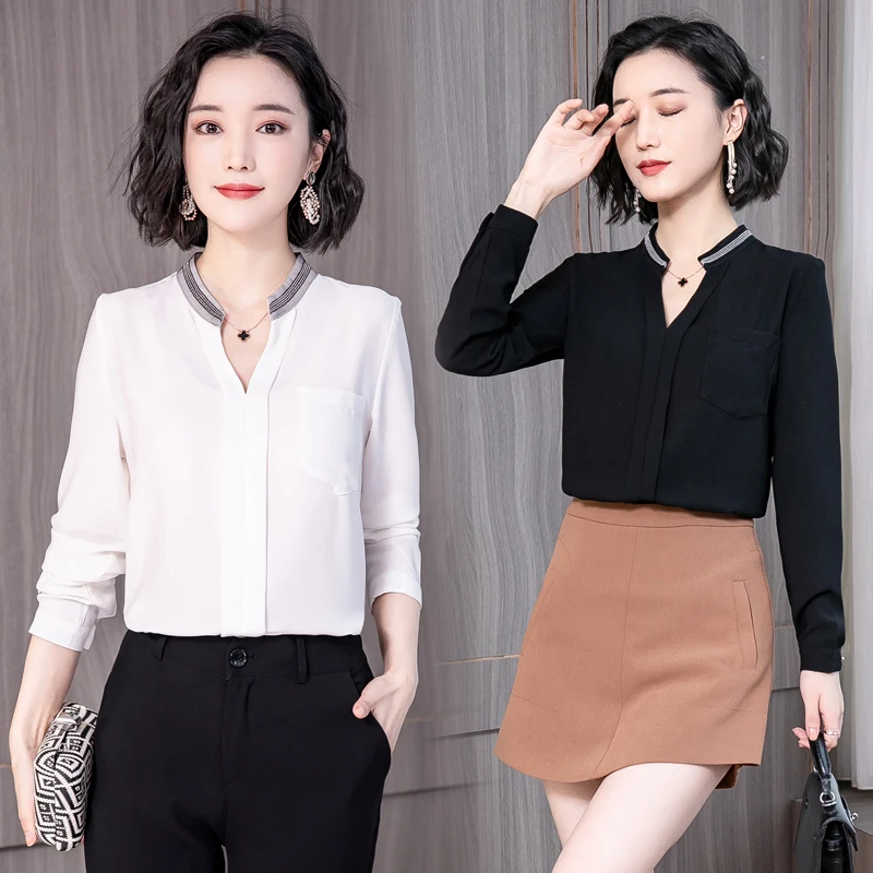 2019 New Fashion Women Shirts Full Sleeve Chiffon V-Neck Professional Blouse Shirt White Black 1615