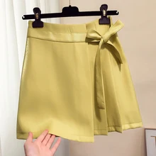 Женская плиссированная юбка выше колена мини-длина со шнуровкой с завышенной талией однотонная модная необычная Повседневная