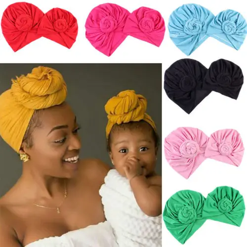 

2Pcs Set Women Babys Turban Cap Children Parent-child Martching Soft Hat Skullies Beanies Indian Twist Bowknot Bonnet Caps