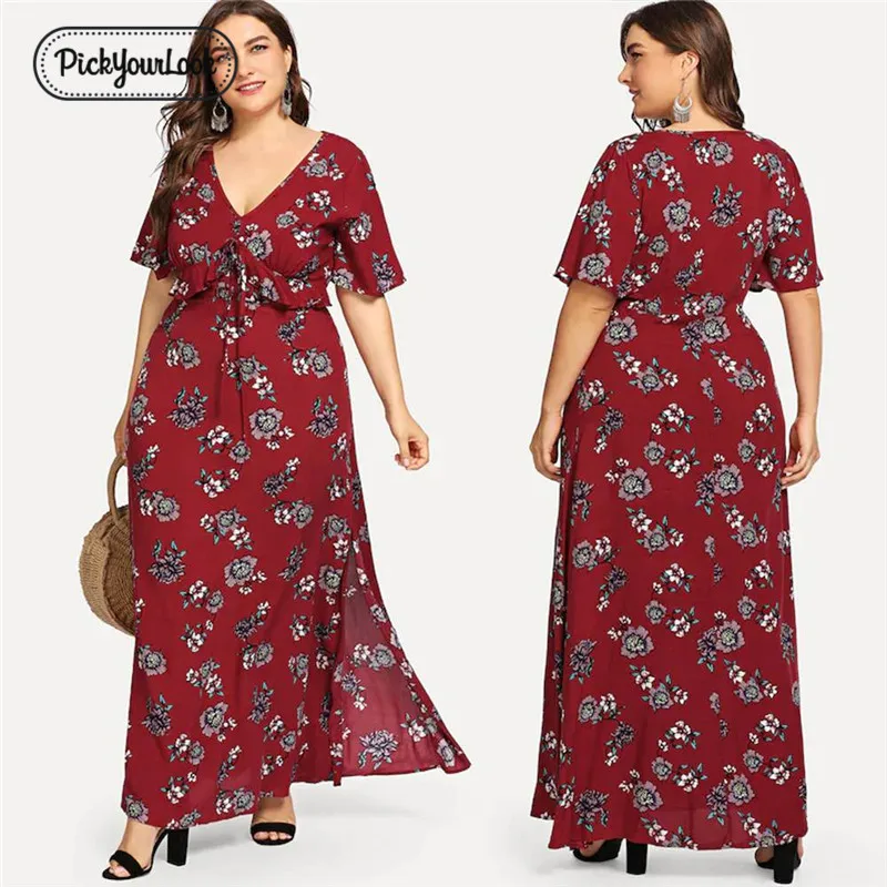 Pickyourlook Plus Size Dress For Women Summer Autumn Wine Red Female Robe Femme Floral Short Sleeve Lady Maxi Dresses Vestidos