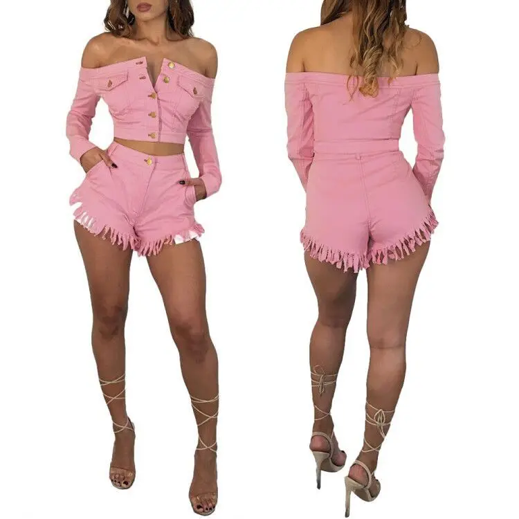

2018 Autumn New Women Slash Neck Sexy Two Pieces Set Long Sleeve Crop Tops and Tessal High Waist Shorts Denim Outfits