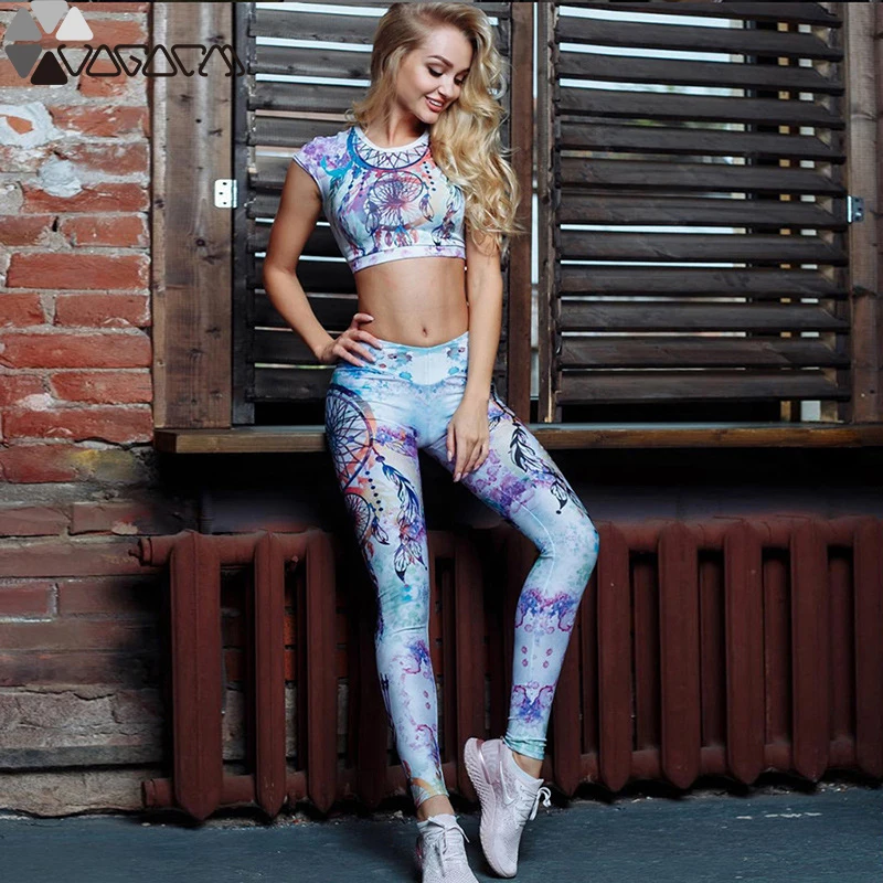 

Summer New Women's 2 Piece Digital Ferris Wheel Printing Yoga Fitness Suit Top+leggings High Waist Running Hip Up Lumbar Sport
