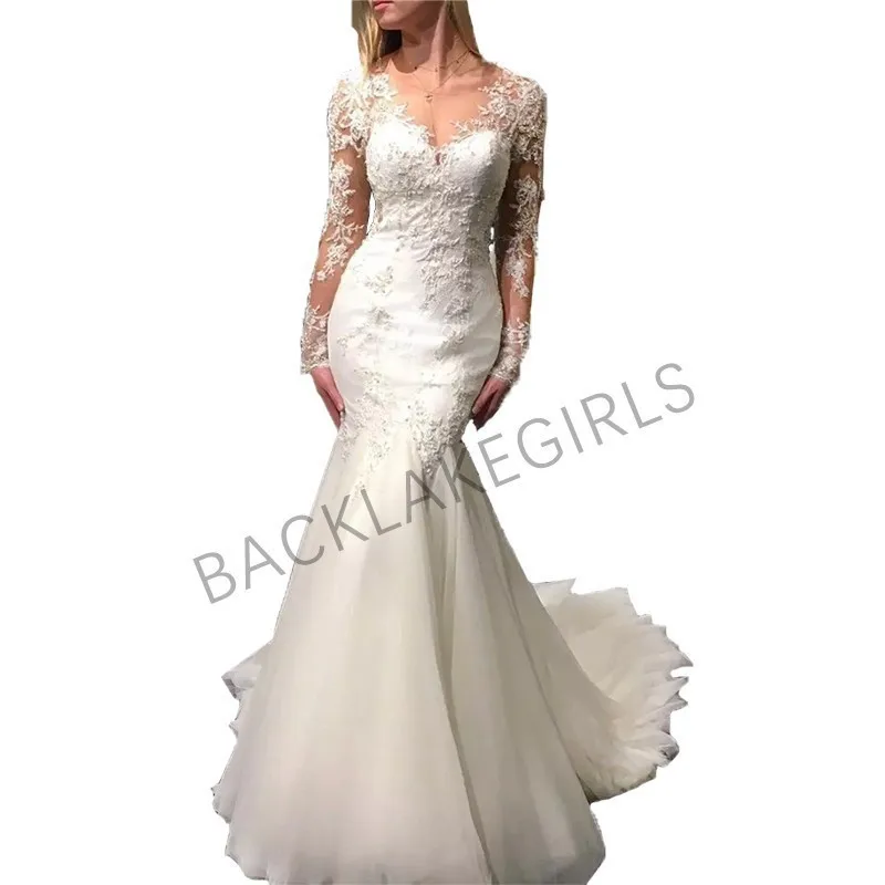 Новое поступление Тюль свадебное платье 2019 аппликация с русалкой кружева длинный рукав v-образным вырезом Свадебное платье