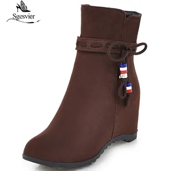 

Sgesvier Autumn Women Flcok Boots Wedges Heel Side Zipper Boots Casual Shoes Round Toe Martin Boots Ankle Boots Size 35-43 B849