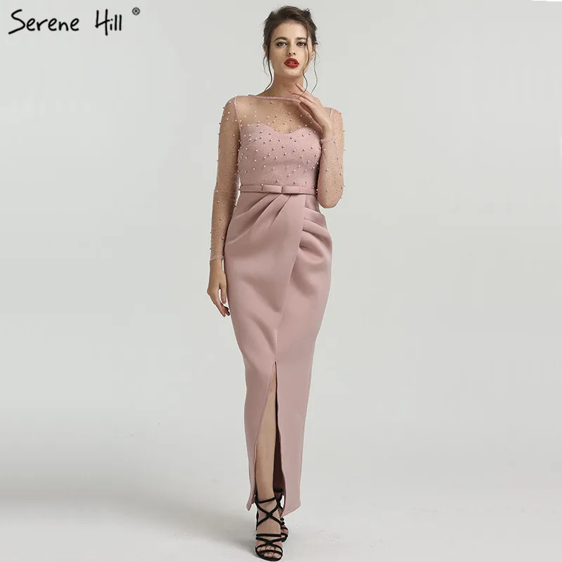 

Pink Long Sleeves Mermaid Pearls Evening Dresses Elegant Fashion Sexy Formal Evening Gowns 2019 Serene Hill QA8022