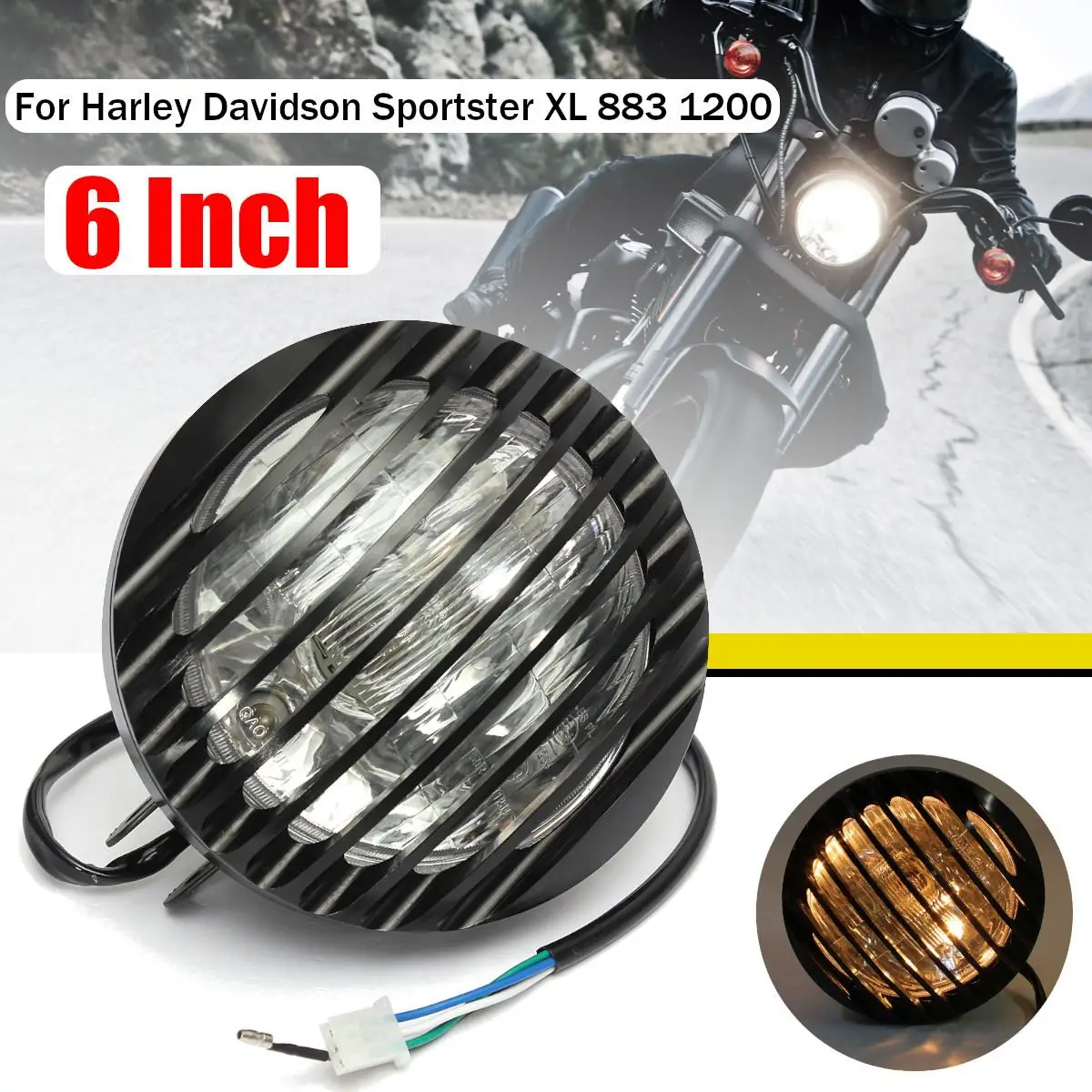 6Inch Black Metal Motorcycle Grill Cover Halogen Headlights For Harley Sportster 12V