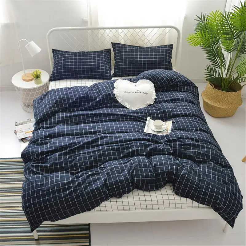 

Cotton Simple Japanese-Style Four-Piece Quilt Cover Cotton Sheets Small Plaid Style Fast Non-Pilling Breathable Sheete #SO