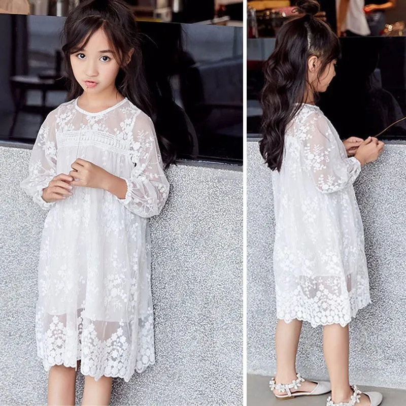 

Lace Embroidery Floral Baby Princess Dresses Party White Teen Kids Dresses For Girls Long Sleeve Girl Clothes Spring Summer