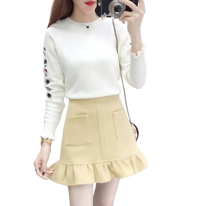 

2018 new fall Korean fashion suits women pullover knitted sweaters & fishtail skirt two pcs clothing set vestido top knitwear