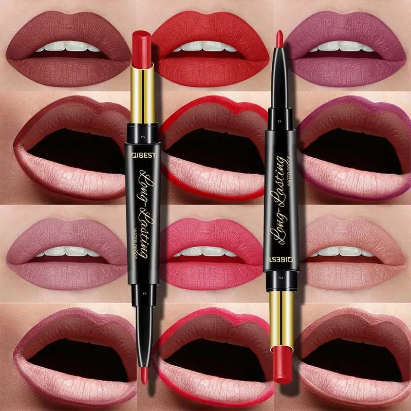 Goede Dubbele end Lip Make Up Lipstick Potlood Waterdichte Langdurige Tint Sexy Rode Lip Stok Schoonheid Matte Liner Pen Lippenstift