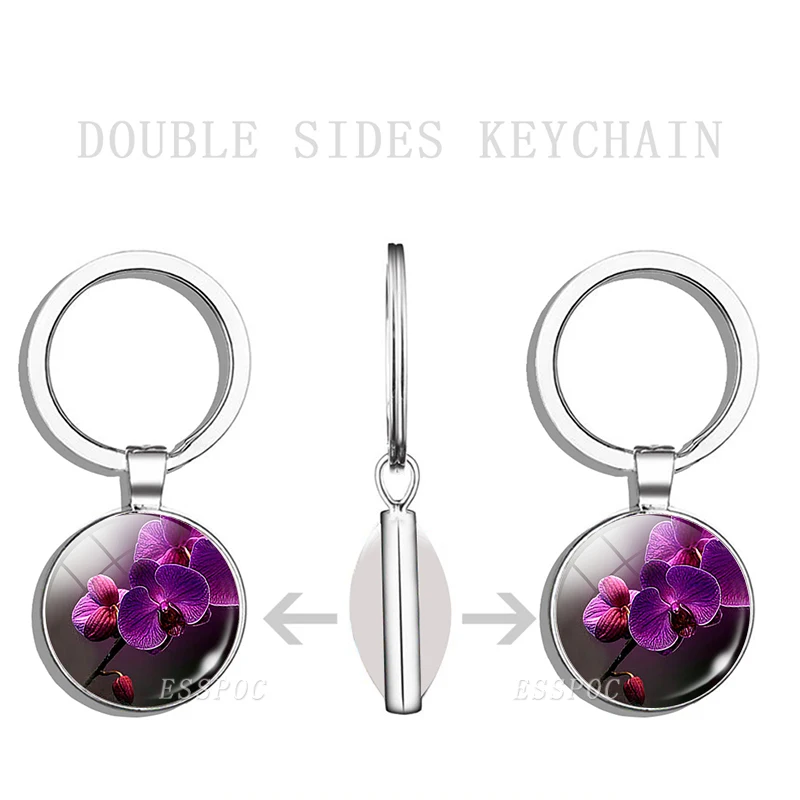 

Purple Orchid Keychain Nature Gem Pendant Art Flower Glass Dome Keyring Plant Silver Metal Valentine's Day Gift