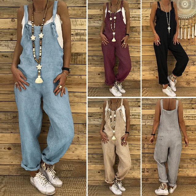 US $14.07 Plus Size Linen Overalls 2020 ZANZEA Vintage Casual Dungarees Jumpsuits Women Long Rompers Female H
