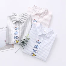 Autumn New Pattern Korean Literature Fresh Stripe Long Sleeve Shirt women Schoolgirl Cartoon Embroidery Rendering Shirt fashion easy matched stripe pattern shirt