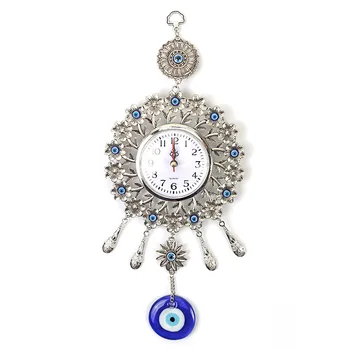 

35 cm Turkish Nazar Glass Evil Eye Wall Clock Hanging Charm &Home Decor Peacock Tail Decoration