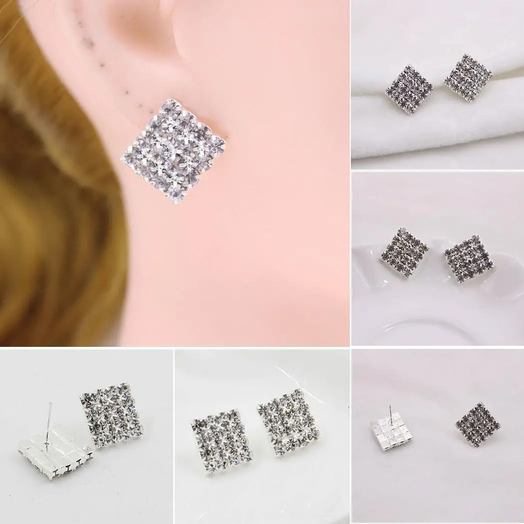Bling Push Elegant Casual Stud Style Fashion Rhinestone Back Silver Square Earrings Women | Украшения и аксессуары
