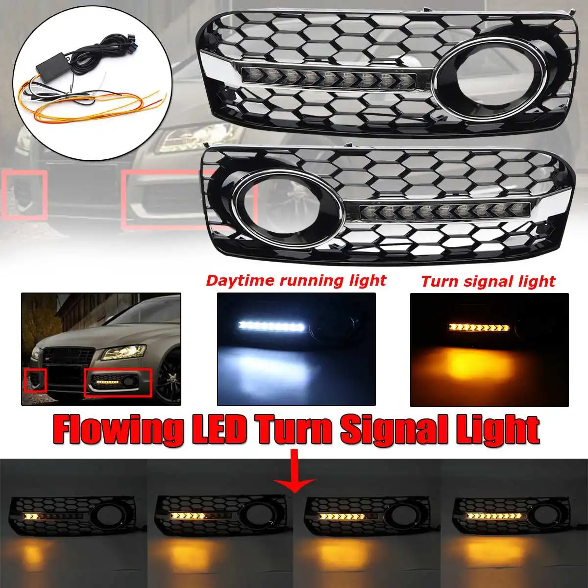 

Car Honeycomb Mesh Front Grille Grill Flowing LED Fog Light Lamp Cover Turn Signal Light For Audi A5 S-Line S5 B8 RS5 2008-2012