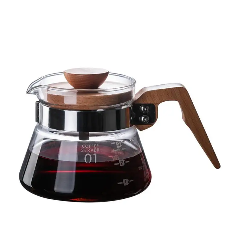 Koop Hoge Borosilicaatglas Hand Koffiepot Hittebestendig Houten Handvat Glas Koffie Pot Filter Brouwer