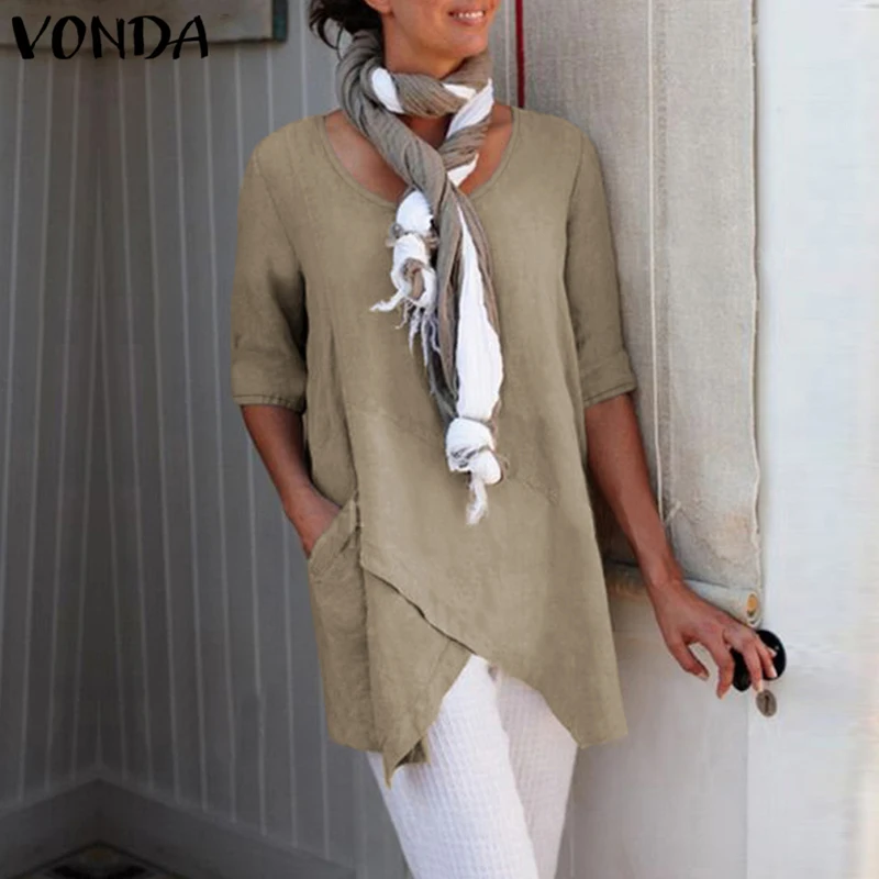 VONDA الصيف البلوزات النساء 2019 طويلة قمم خمر مثير يا الرقبة قمصان الإناث عارضة فضفاض Blusas Femininas زائد حجم S-5XL VONDA الصيف البلوزات النساء 2019 طويلة قمم خمر مثير يا الرقبة قمصان الإناث عارضة فضفاض Blusas Femininas زائد حجم S-5XL