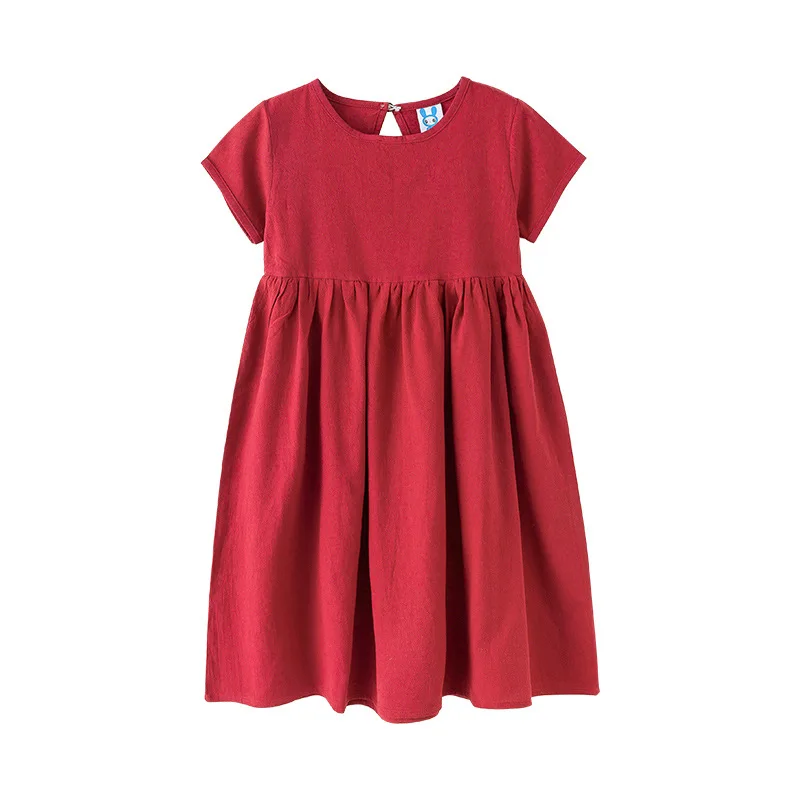 

Wine Red Cotton Button Casual Girls Dress Fashion Kids Clothes 2019 Summer Loose Short Sleeve A Line Flared Dresses