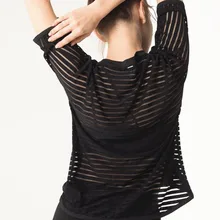 Сзади полосатая сетка Гимнастерка для занятий йогой и фитнесом Для женщин Спортивная Футболка Тренажерный зал работает дышащие отверстие Майки Спортивная