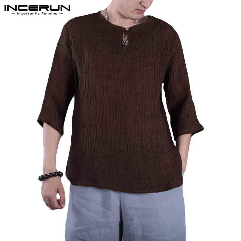  INCERUN 2019 Vintage Men T Shirt 3/4 Sleeve Chinese Style Cotton Male Tee Tops Solid O Neck Leisure