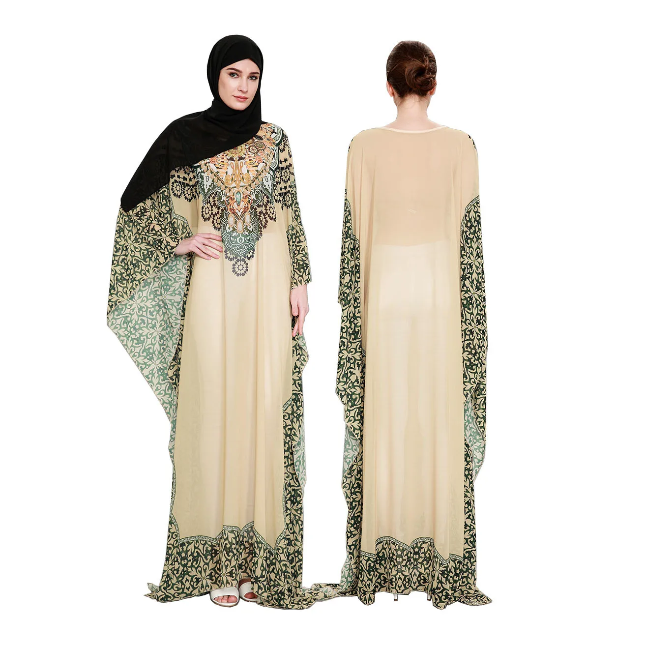 

Muslim Women Abaya Dress Middle East Islamic Female Digital Printing Chiffon Long Dresses Apricot Clothing