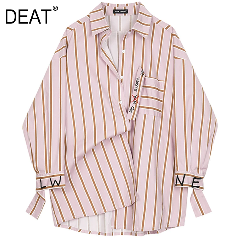 

[DEAT] 2019 New Autumn Winter Lapel Long Sleeve Red Striped Printed Letter Big Size Shirt Women Blouse Fashion Tide JQ22