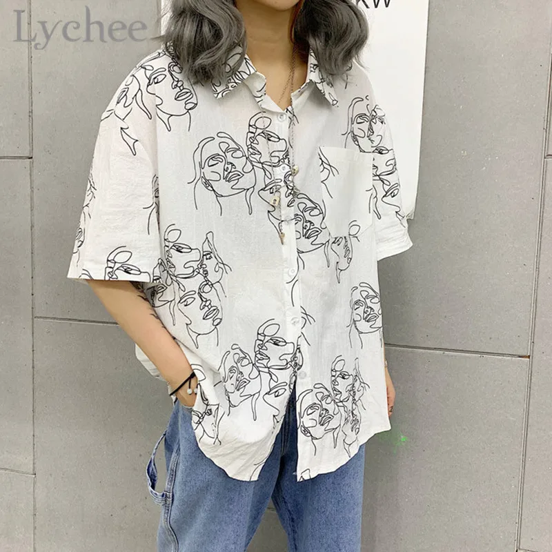Lychee японский стиль принт лица женские блузки 2019 лето весна короткий рукав