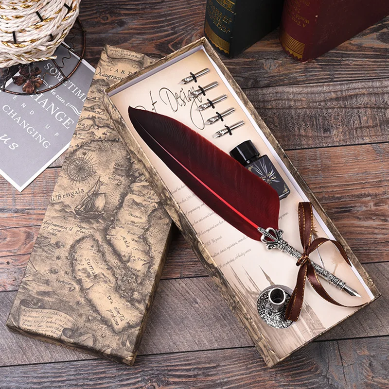 

Nice Gift For Sweetheart Teacher New Creative Metal Signature Pen Calligraphy Feather Dip Fountain Pen Write Ink Set Stationery