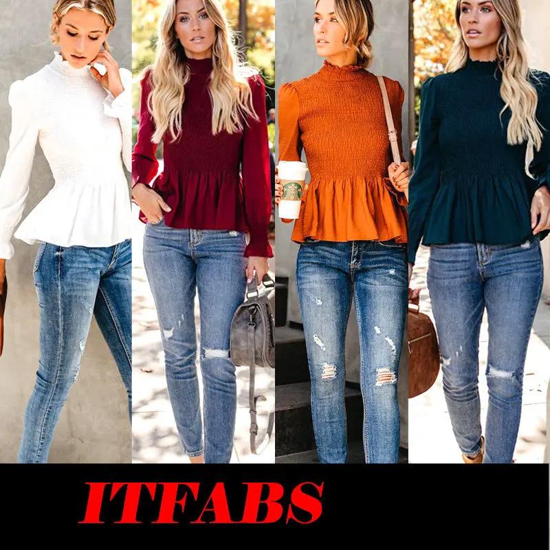 

2019 New Women Chiffon Loose Tops Long Sleeve Sexy Collar Neck Casual Blouse