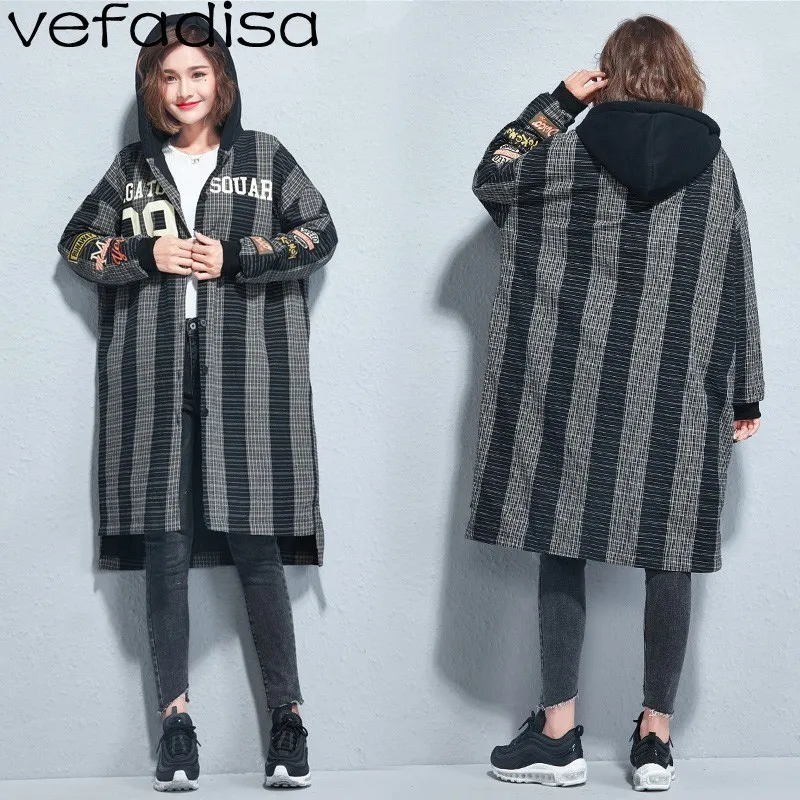 Vefadisa Grey Lattice Hooded Parkas Women Letter Print Long Irregular