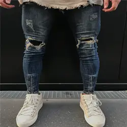 Мода 2019 г. лето для мужчин's джинсы для женщин узкие личности складки колена рваные байкерские джинсы мужской деним молния черные брюки