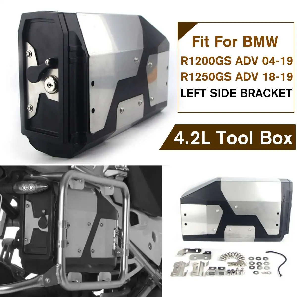 

4.2L Stainless Motorcycle Tool Box for BMW R1200GS LC Adventure Left Side Bracket 2004-2018 Stainless Steel Box