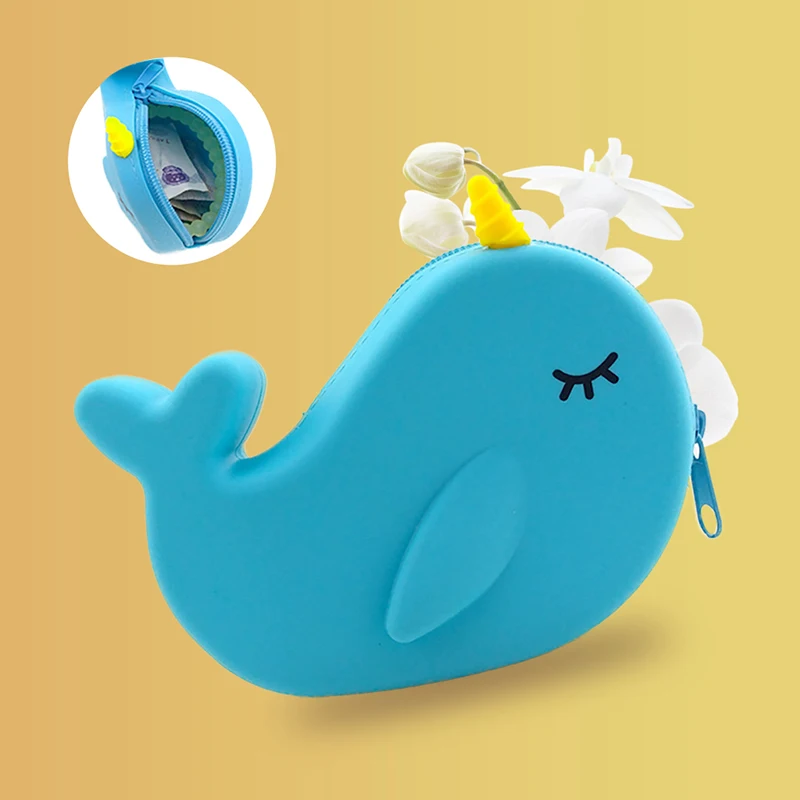

New 2019 Blue Cute Soft Women Silicone Whale Narwhal Coin Purse Cute Dollar Change Wallet Purse Key Wallets Coin Holder Clutch
