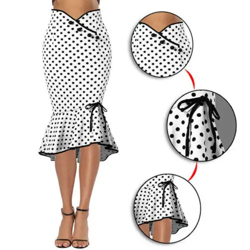 2019 Women's Midi Flounced Skirt Causal Pencil Formal Skirt Work Mermaid Bodycon Dot Skirt