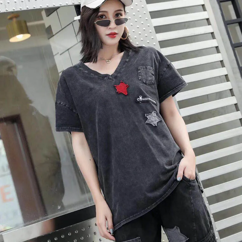 

Europe PUNK RIvet 2019 New fashion Summer Clothing short Sleeve Women's T-shirt Vintage Cotton Thin Female Tops Tee Shirts
