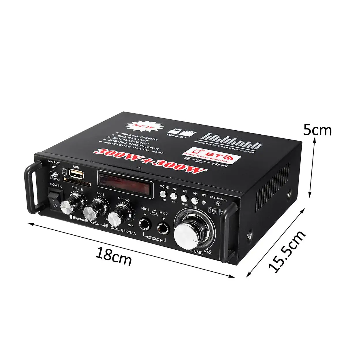 12V/ 220V BT-298A 2CH LCD Display Digital HIFI Audio Stereo Power Amplifier bluetooth FM Radio Car Home 600W with Remote Control