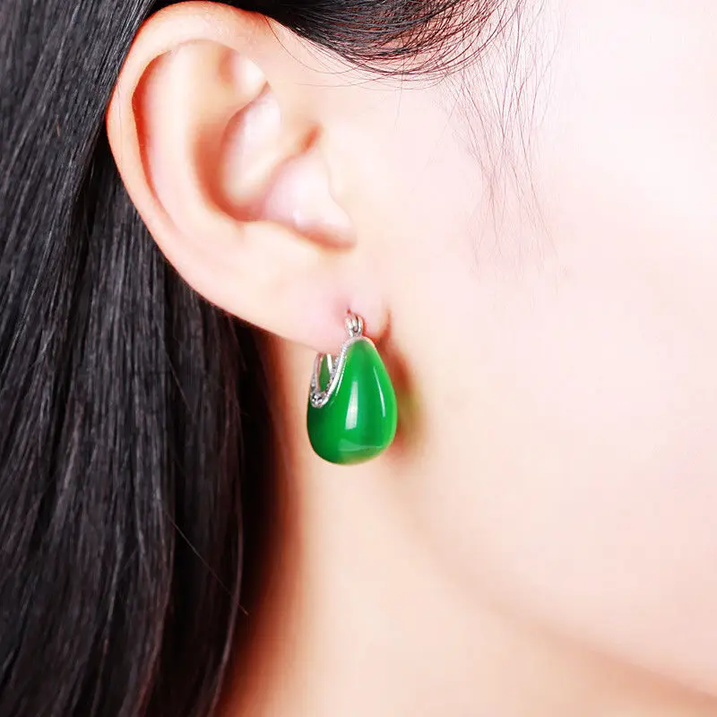 

J.Lee Fine 925 Sterling Silver Hoop Earrings Green Chalcedony Hoop Earrings