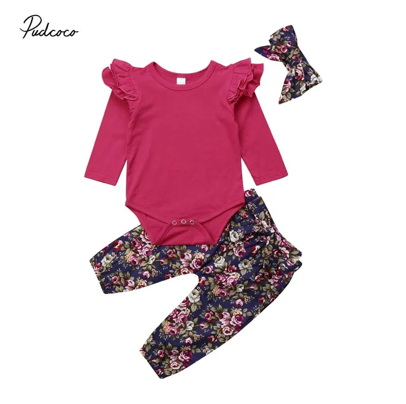 2019 Brand Newborn Baby Girl Cotton Tops Romper Floral Long Pants 3Pcs