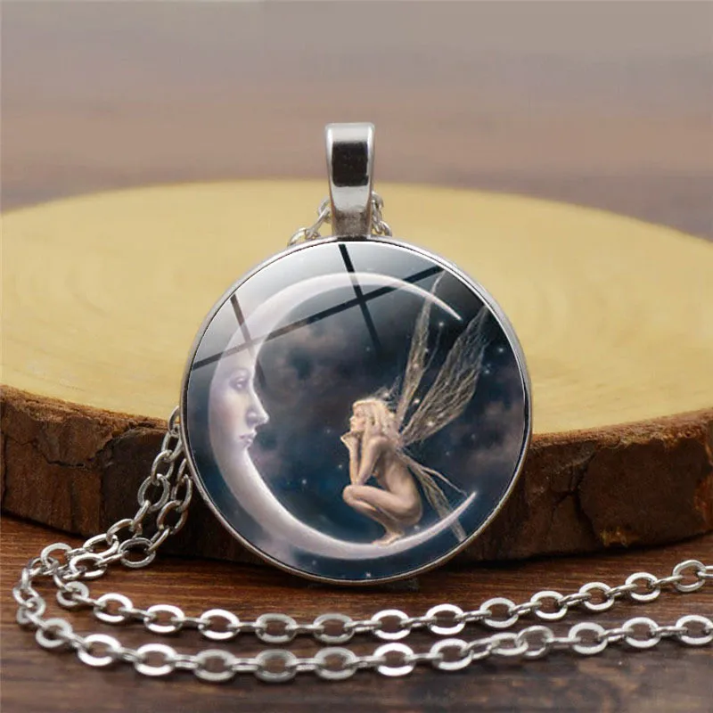 

Glass Round Necklace Women Jewelry Silver Moon Angel Necklaces Gold Chain Necklace Collier Femme Statement Necklaces Black Women