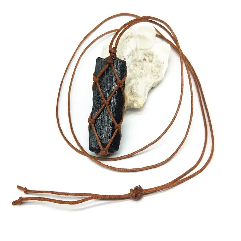 

Natural Black Tourmaline Retro Raw Gemstone Pendant Crystal Hand-Woven Jet Stone Ore Radiation Protection