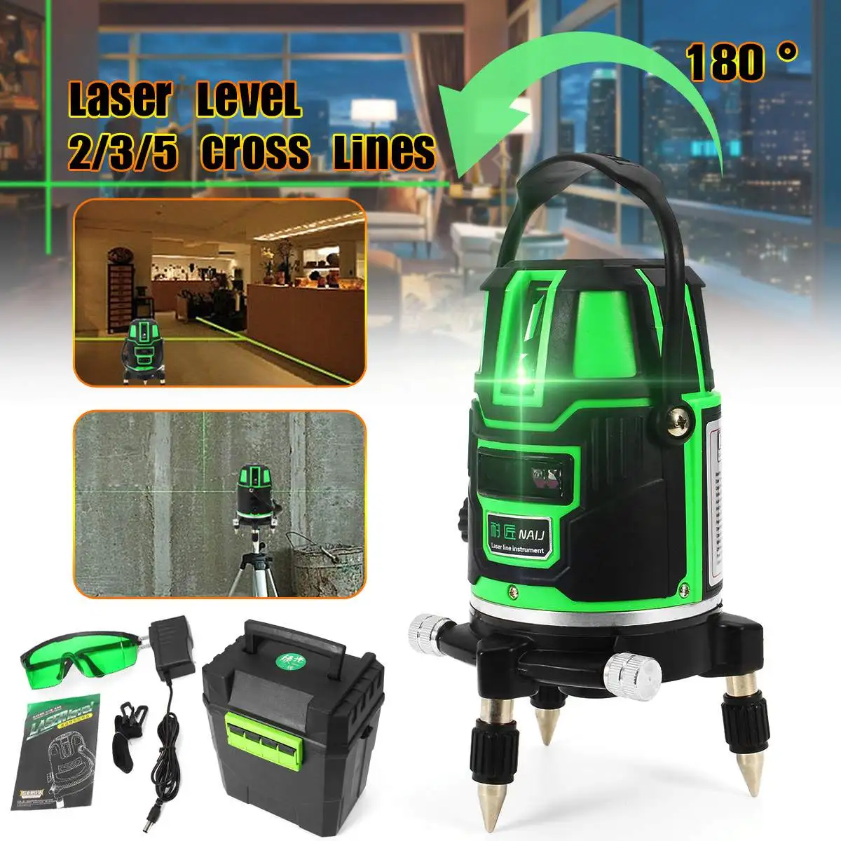 

Level 2/3/5 Cross Lines Green Laser Self-Leveling 360 Rotary Measure Tool Set US Plug Radius Indoor/Outdoor Alternating Direct