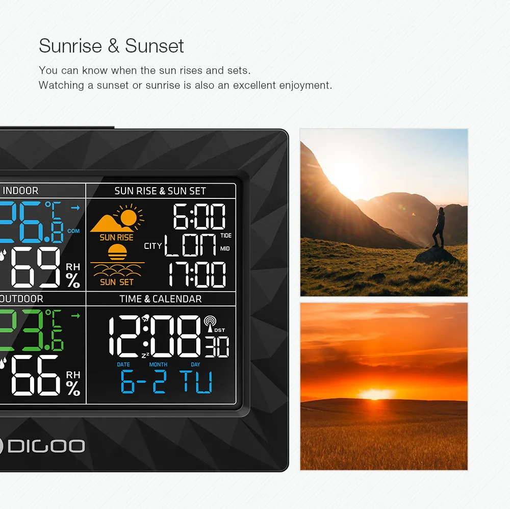 Billig DIGOO DG TH8988 LCD Farbe Wetter Station + Outdoor Remote Sensor Thermometer Feuchtigkeit Snooze Uhr Sunrise Sunset Kalender